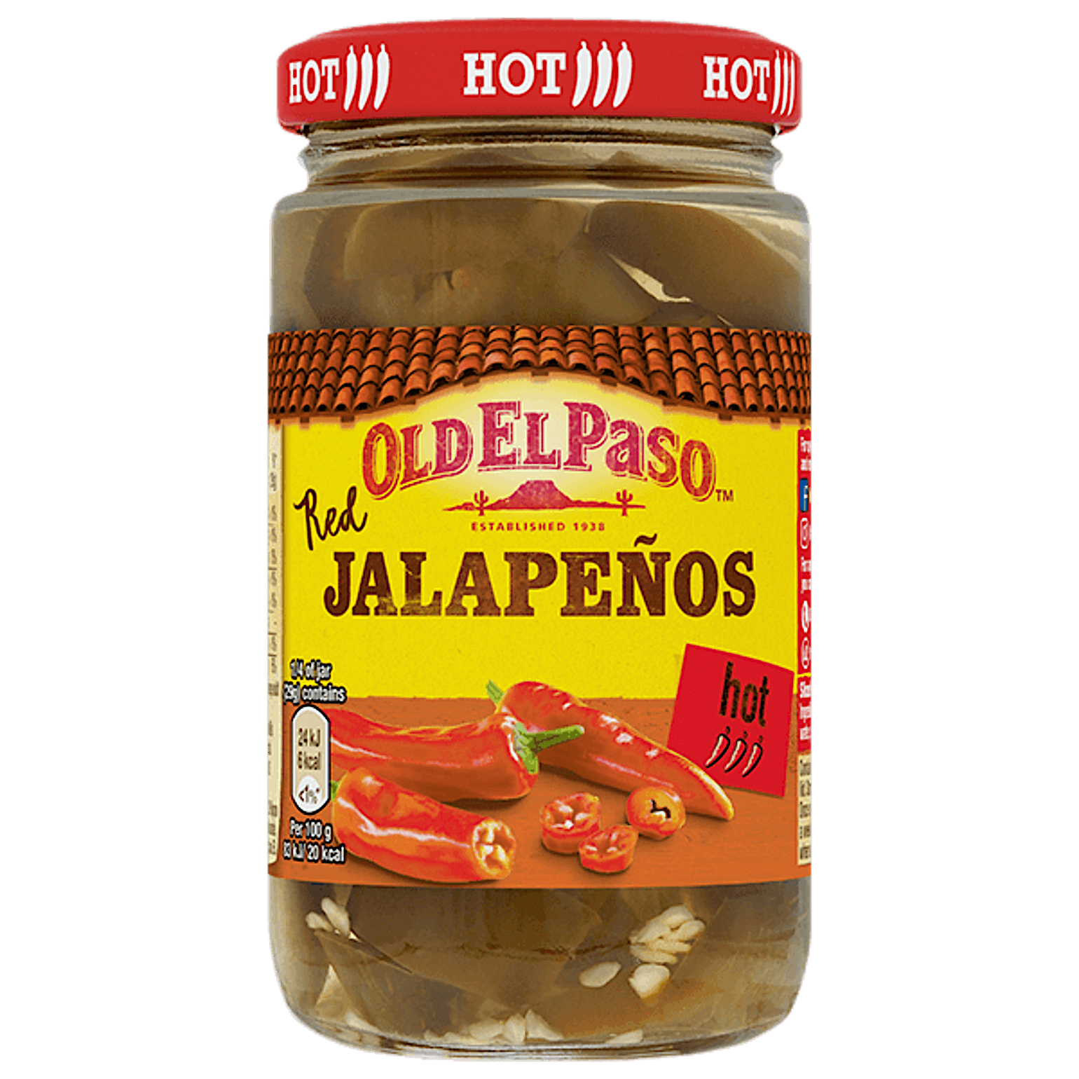 glass jar of Old El Paso's sliced red jalapanos (215g)